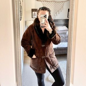 Chocolate brown leather HEAVY coat! So warm!